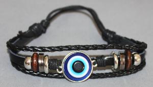 Bracelet ajustable avec breloques simili cuir noir et coton ciré N°12
